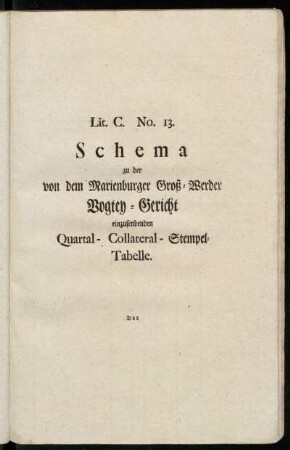 Lit. C. No. 13. Schema zu der von dem Marienburger Groß-Werder Vogtey-Gericht einzusendenden Quartal- Collateral- Stempel- Tabelle