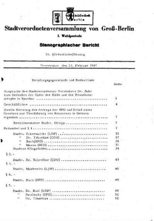 Nr. 15, 13. Februar 1947, Ordentliche Sitzung