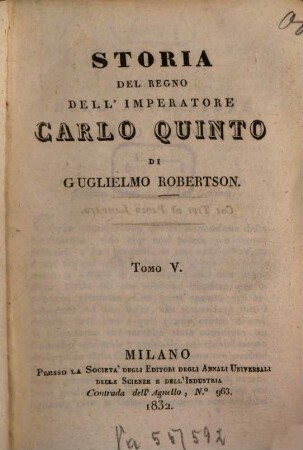 Storia del regno dell'imperatore Carlo quinto, 5. (1832). - 288 S.