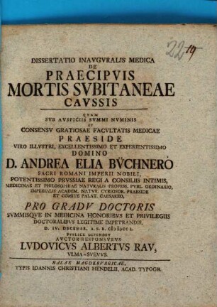 Dissertatio Inavgvralis Medica De Praecipvis Mortis Svbitaneae Cavssis