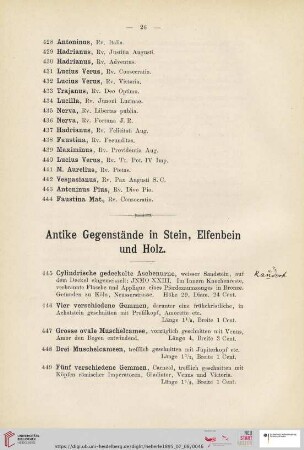 Antike Gegenstände in Stein, Elfenbein und Holz (Nr. 445 - 456)