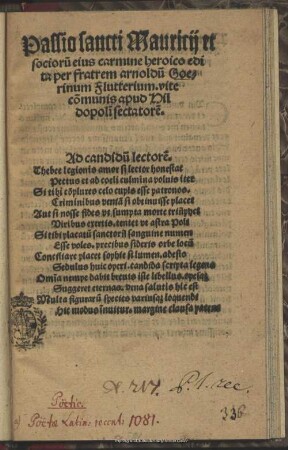 Passio sancti Mauricij et socioru[m] eius carmine heroico