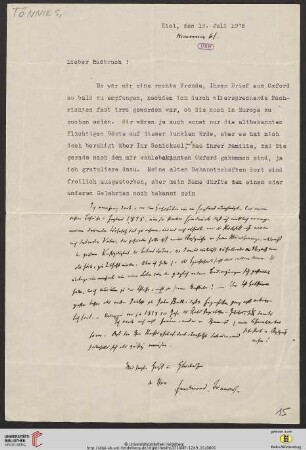 Brief von Ferdinand Tönnies an Gustav Radbruch