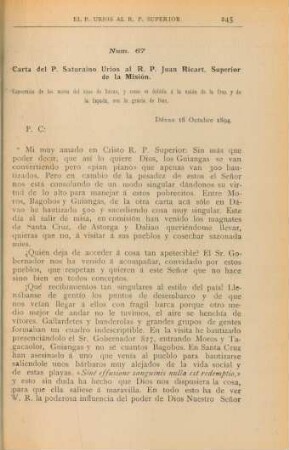 Núm. 67. Carta del P. Saturnino Úrios al R. P. Juan Ricart, Superior de la Misión