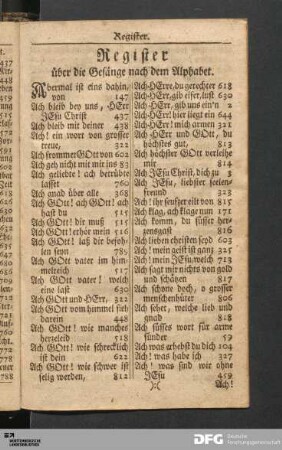 Register über die Gesänge nach dem Alphabet.