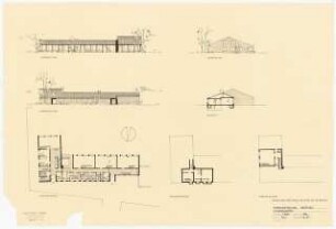 Evangelisches Gemeindezentrum, Herford: Kindergarten: Grundriss Kellergeschoss, Erdgeschoss, Obergeschoss, Schnitt, Ansicht 1:200