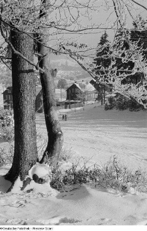 Verschneite Gebirgslandschaft mit Skifahrern