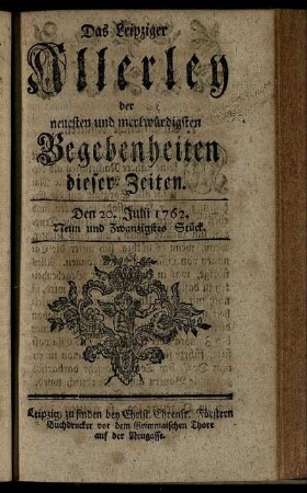 Den 20. Julii 1762. Neun und Zwanzigstes Stück.