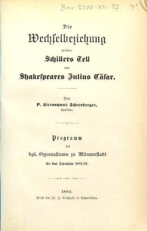 Die Wechselbeziehung zwischen Schillers Tell und Shakespeares Julius Cäsar