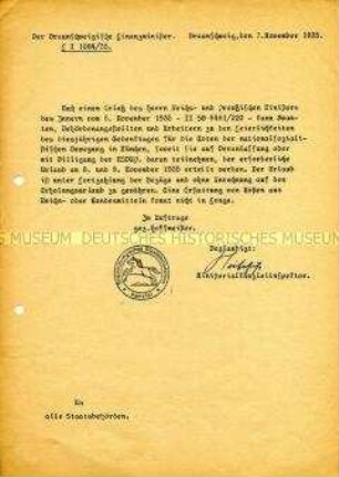 Innerbehördliches Schreiben des Braunschweigischen Staatsministeriums mit der Anordnung zur Gewährung von Freistellungen für die Teilnahme am NSDAP-Gedenktag