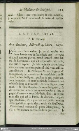 Lettre CCLVI. A la même. Aux Rochers, Mécredi 4. Mars, 1676