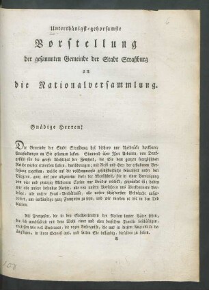 Unterthänigst-gehorsamste Vorstellung der gesammten Gemeinde der Stadt Straßburg an die Nationalversammlung