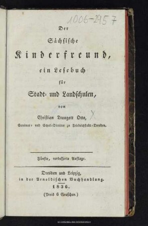 Der sächsische Kinderfreund : ein Lesebuch für Stadt- und Landschulen