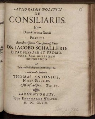 Aphorismi Politici De Consiliariis
