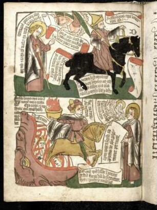 Johannes bei der Öffnung der Siegel. (1) Das dritte Siegel: der dritte apokalyptische Reiter (Apc. VI, 5-6); (2) Das vierte Siegel: der vierte apokalyptische Reiter (Apc. VI, 7-8).