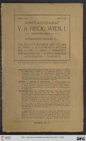 Nr.1: Katalog: Holzschnittbücher des 15. und 16. Jahrh., illustrierte Bücher des 17. und 18. Jahrh., Ornament-Stich-Sammlung, Schöne Einbände, Autographen, Portraits