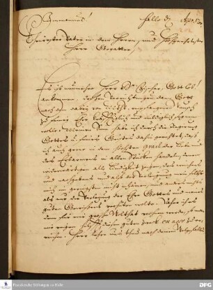 Brief von August Hermann Francke an Philipp Jakob Spener.