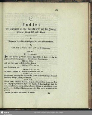 Budjet der jährlichen Staatseinkünfte auf die Finanzperiode 1846 bis mit 1848