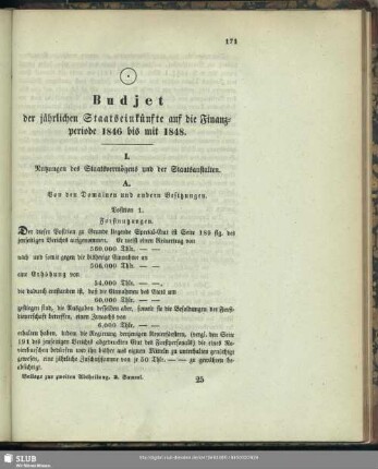 Budjet der jährlichen Staatseinkünfte auf die Finanzperiode 1846 bis mit 1848