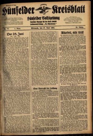Erste Ausgabe vom Mittwoch, den 27. Juni 1934.
