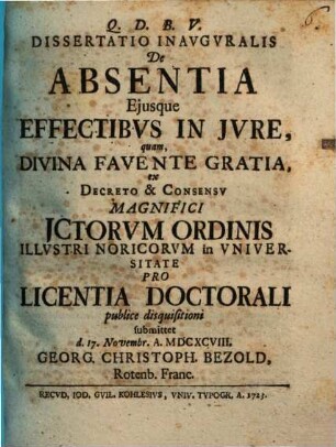 Dissertatio inauguralis de absentia, eiusque effectibus in iure