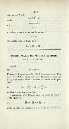 Coniques polaires d'un point et d'une droite.