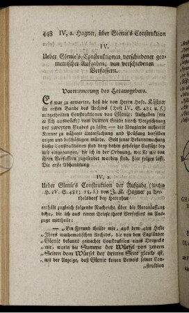 IV. Ueber Glenie's Construktionen verschiedener geometrischer Aufgaben.