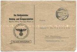 Schreiben aus dem Reichsministerium für Rüstung und Kriegsproduktion mit der Absage eines vorgeschlagenen Projektes