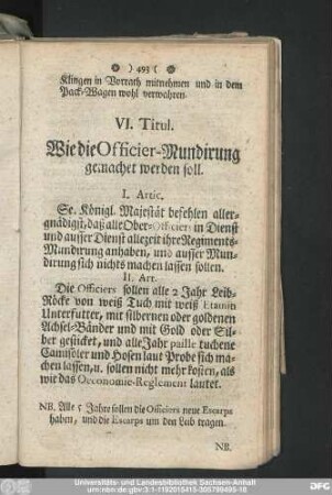 VI. Titul. Wie die Officier-Mundirung gemachet werden soll.
