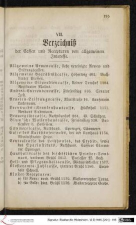 VII. Verzeichniß der Cassen und Recepturen von allgemeinem Interesse.