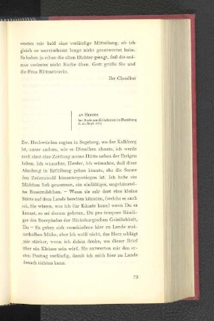 An Herder Bei Bode am Holzdamm in Hamburg, den 20. September 1771
