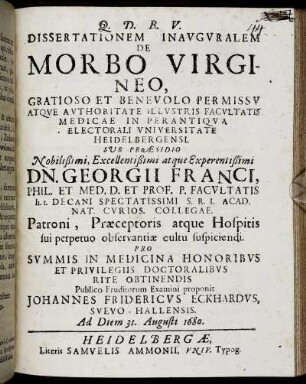 Dissertationem Inauguralem De Morbo Virgineo