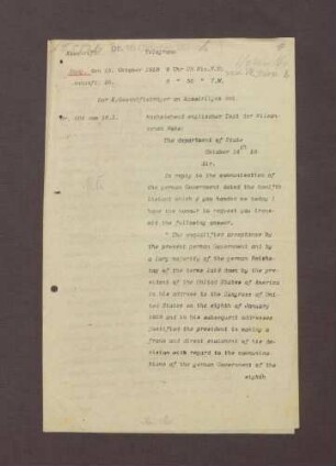 Erwiderung von Robert Lansing auf eine Mitteilung der deutschen Regierung vom 12.10.1918 (englisch)