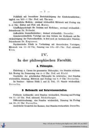 IV. In der philosophischen Facultät.