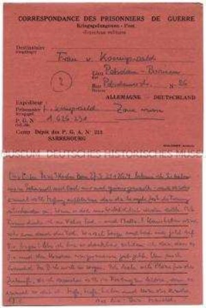 Vordruck-Postkarte von Harald von Koenigswald aus dem Kriegsgefangenenlager Sarrebourg an seine Frau - Familienkonvolut