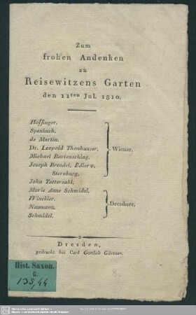 Zum frohen Andenken an Reisewitzens Garten