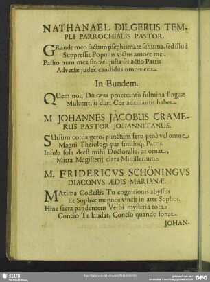 M. Fridericus Schöningus Diaconus Aedis Marianae