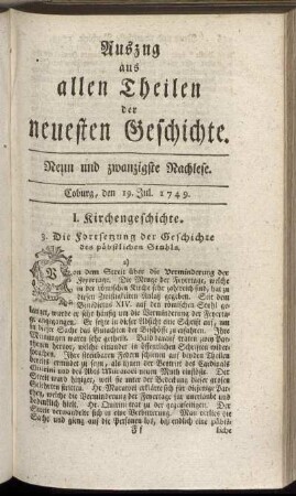 Neun und zwanzigste Nachlese. Coburg, den 19. Jul. 1749.