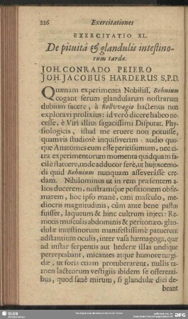 Exercitatio XL. De pituita & glandulis intestinorum tardae. Joh. Conrado Peiero Joh. Jacobus Harderus S. P. D.