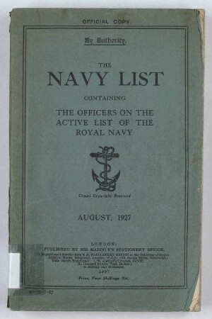 The Navy List for August, 1927, Corrected to the 18th July, 1927