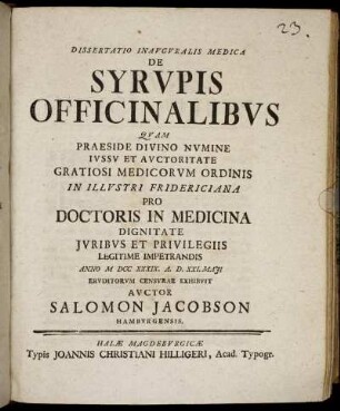 Dissertatio Inavgvralis Medica De Syrvpis Officinalibvs