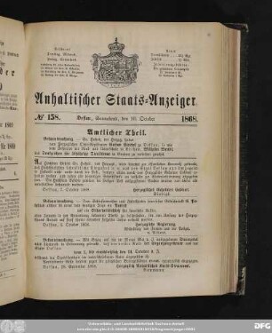Anhaltischer Staats-Anzeiger : Dessauer neueste Nachrichten, No. 158. Dessau, Sonnabend, den 10. October 1868.