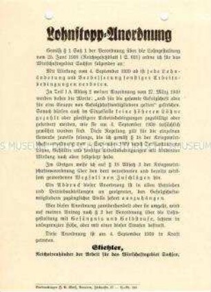 Bekanntmachung zum Lohnstopp aus Anlass des Beginns des 2. Weltkrieges