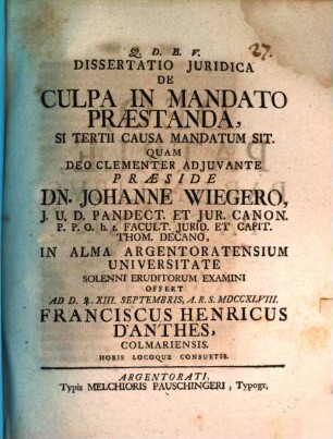 Diss. iur. de culpa in mandato praestanda, si tertii causa mandatum sit