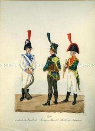 Uniformdarstellung, Hoboist der Infanterie, Hornist der Schützen-Bataillone, Hoboist der Artillerie, Sachsen, 1811.