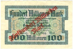 Geldschein, 100 Millionen Mark, 500 Milliarden Mark, 1.8.1923