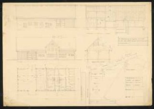 Wohnhaus, Stall und Scheune unter einem Dach für Herrn Streichan, Klein Eichholz: Vorentwurf: Ansichten, Schnitte, Grundriss M 1:100, Lageplan M 1:500
