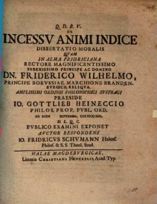 De Incessv Animi Indice : Dissertatio Moralis