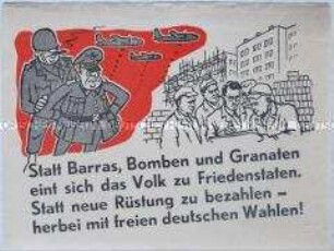 Illustrierter Klebezettel aus der DDR zur Verbreitung in Berlin (West) gegen Wiederbewaffnung und für freie Wahlen