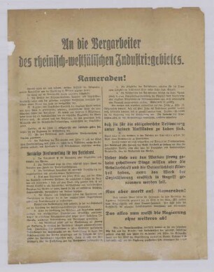 "An die Bergarbeiter des rheinisch-westfälischen Industriegebietes"